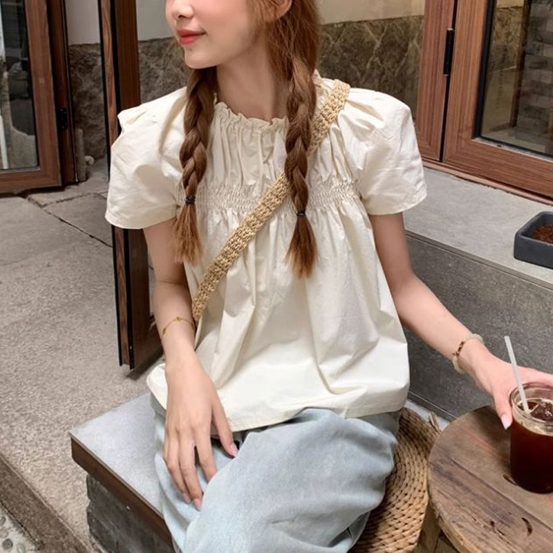 Shirring Solid Color Shirts Fe – Summer Clothing In French recenzja i cena