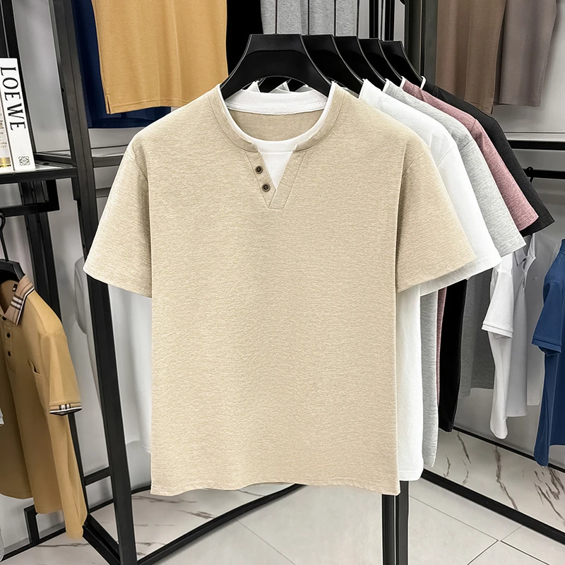 Men's Minimalist Henley Neck T – Summer Clothing Fabric recenzja i cena